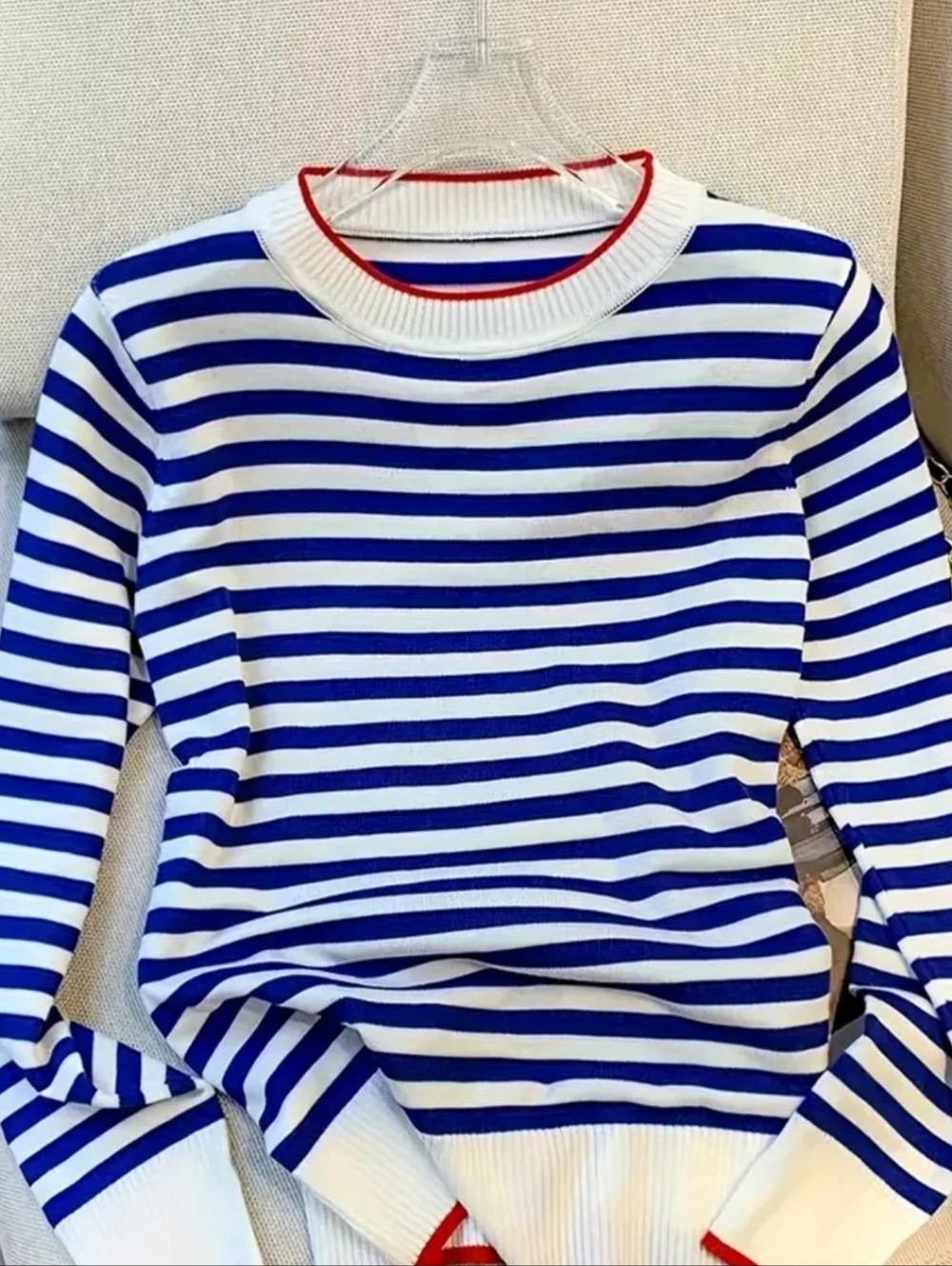Blue and White Striped Crewneck Sweater with Red Trim - Picture 2 of 5